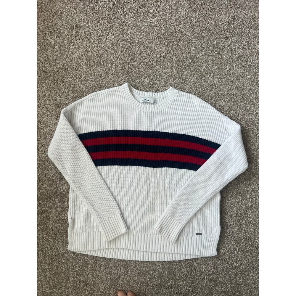 HOLLISTER ribbed knit crewneck sweater‎ // white sporty chest stripe size XS